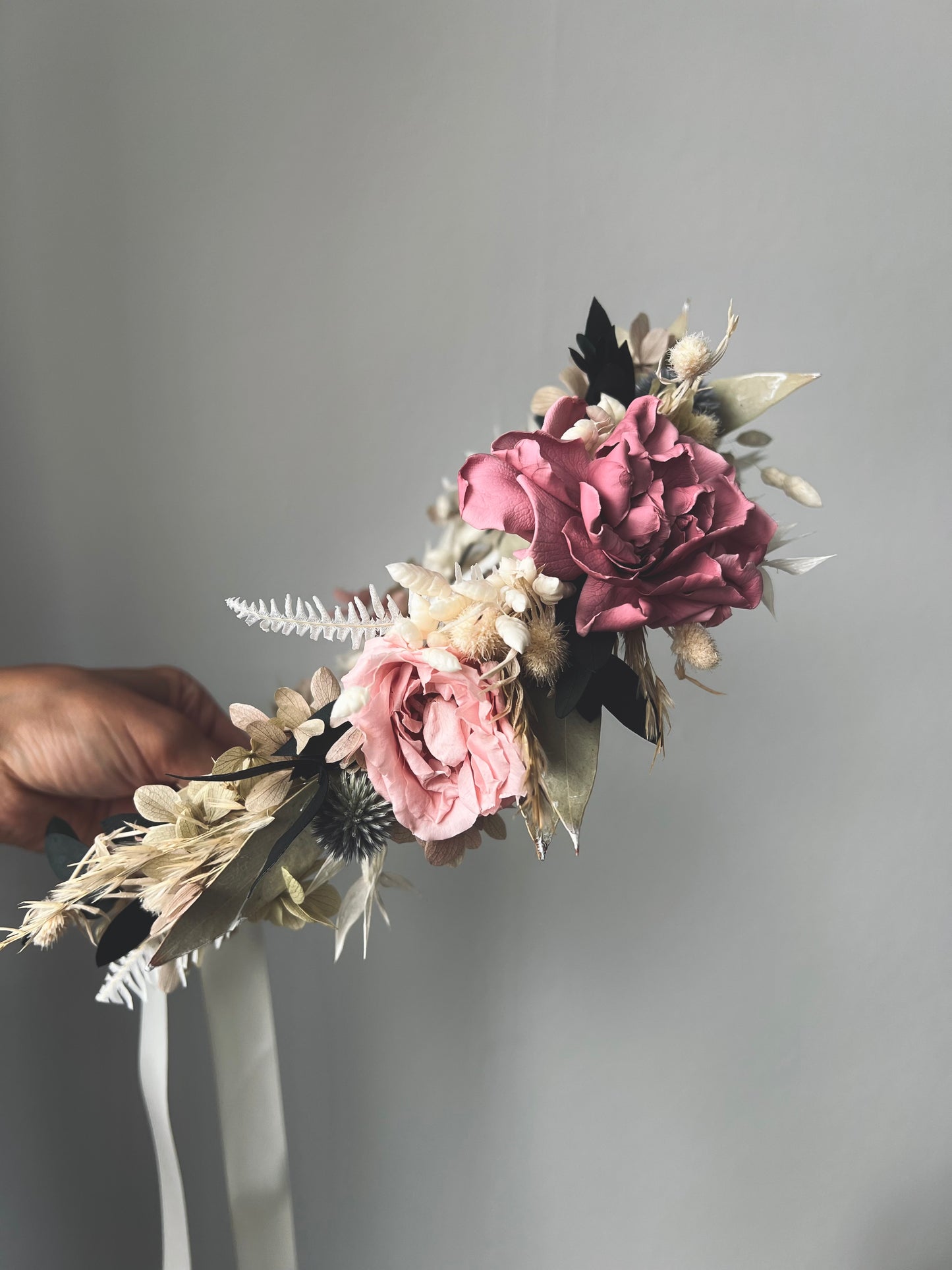 Boho Statement Dried Flower Headpiece, Autumnal Soft Pastel Floral Crown for Wedding, Bridal Hair Wreath, Large Floral Headband for Brides