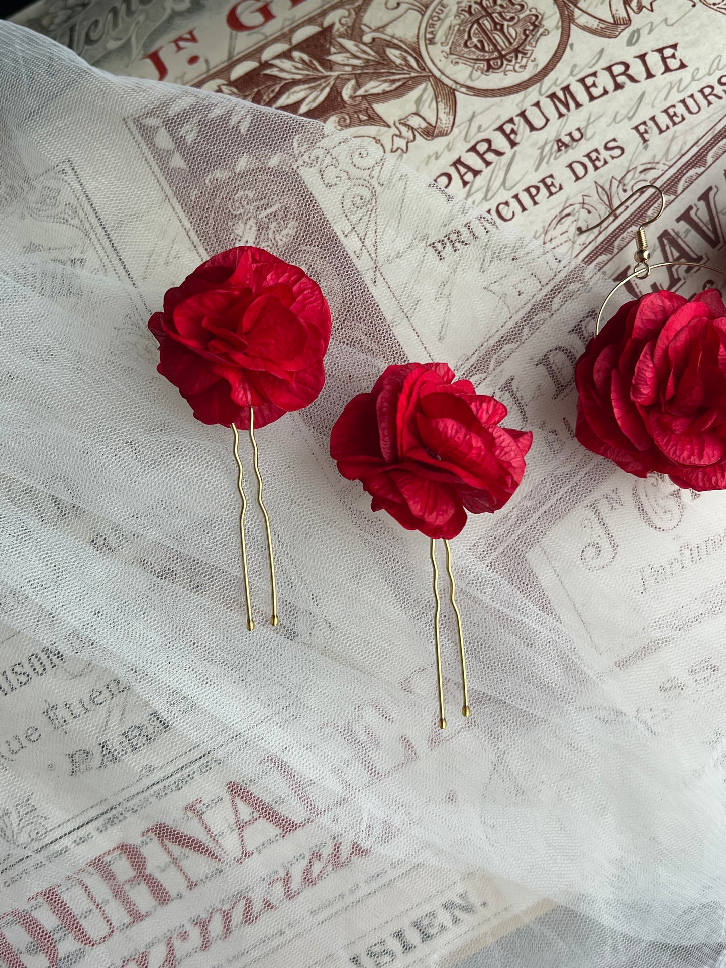 Bright Red Floral Hair Pins for Wedding Hair Bun, Vibrant Red Bobby Pin Set of 2