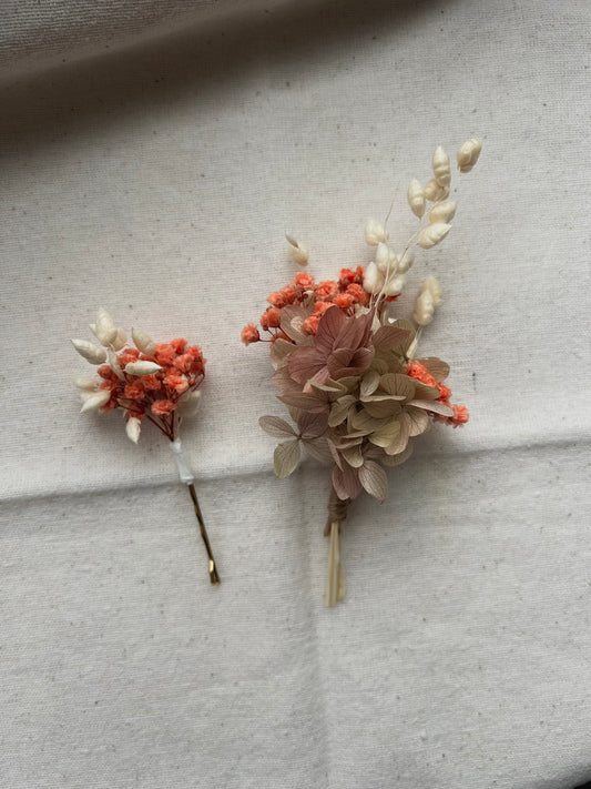 Dried Flower Hair Pins and Boutonniere in Orange and Ivory with Preserved Gypsophila