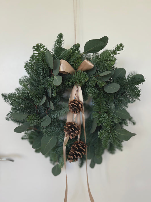 Christmas Wreath with Fresh Nordic Greenery, Eucalyptus, Pinecones, and Gold Ribbon