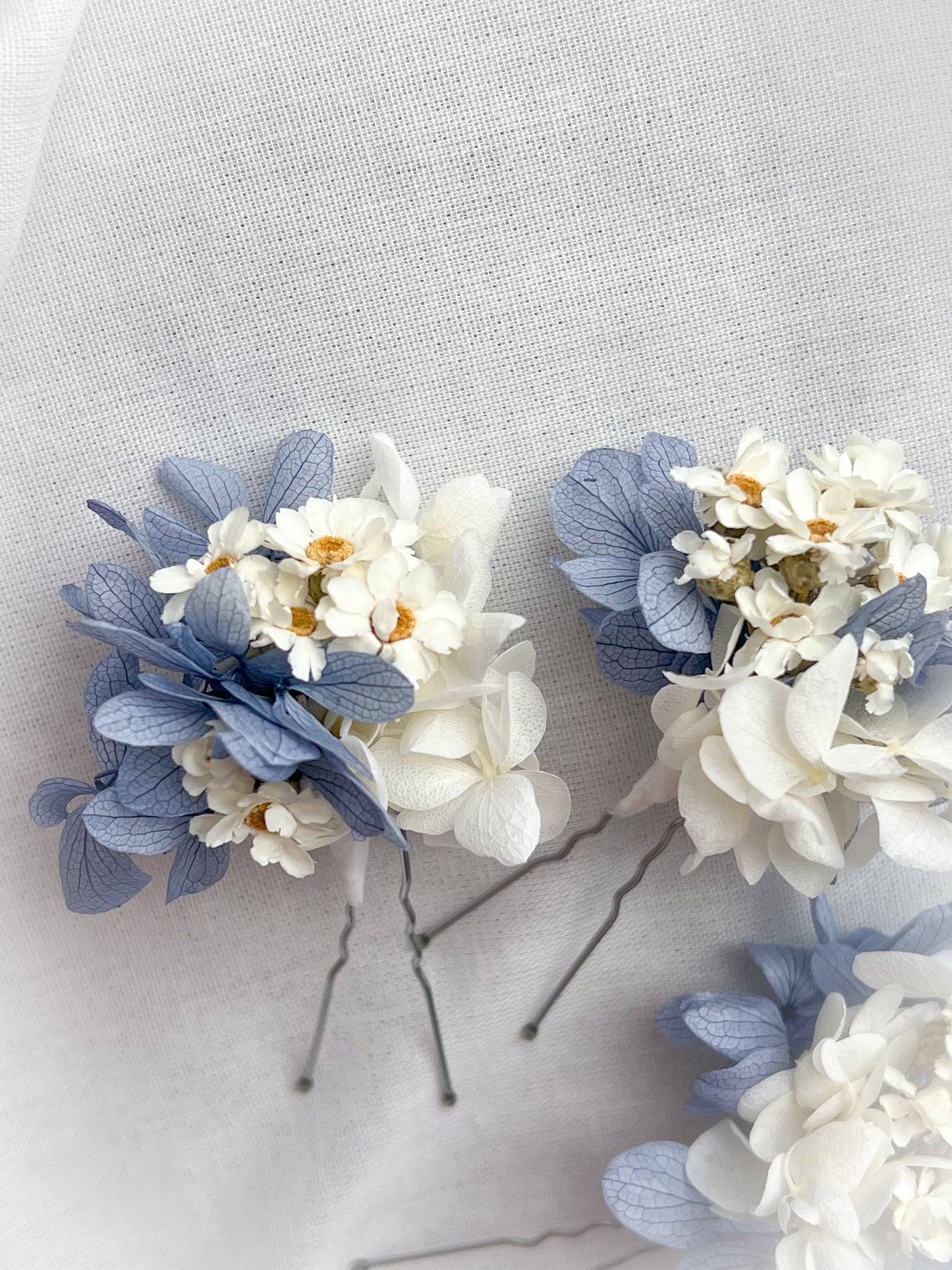 Dusty Blue Dried Daisy Hair Pins and Grooms Buttonhole Wedding set