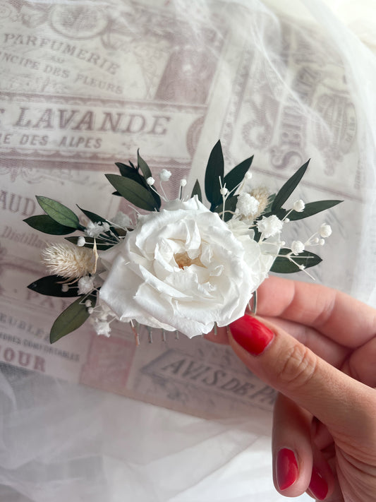 Wedding Hair Accessories, Bridal Dried Flower Comb with French Garden Rose, Babys Breath Gypsophila and Eucalyptus Leaves