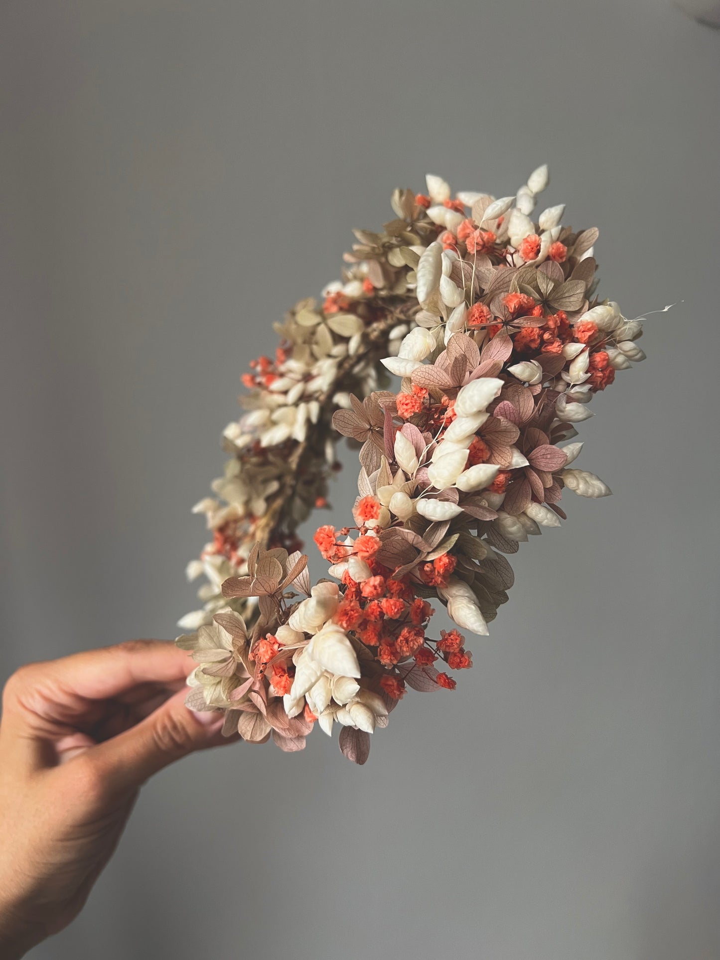 Autumnal Flower Crown, Dried Flower Crown Orange and Ivory Floral Headband and Wedding Hair Pin, Pastel Autumnal Wedding Accessories