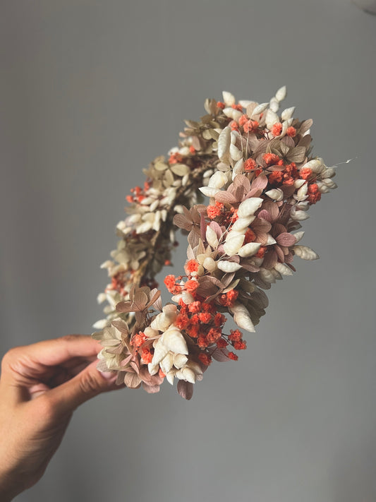 Autumnal Flower Crown, Dried Flower Crown Orange and Ivory Floral Headband and Wedding Hair Pin, Pastel Autumnal Wedding Accessories