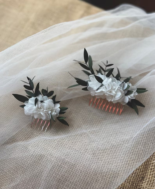 Bohemian Eucalyptus White and Green Wedding Comb, Bridal Flower Hair Piece, Preserved Dry Flower Comb Gold