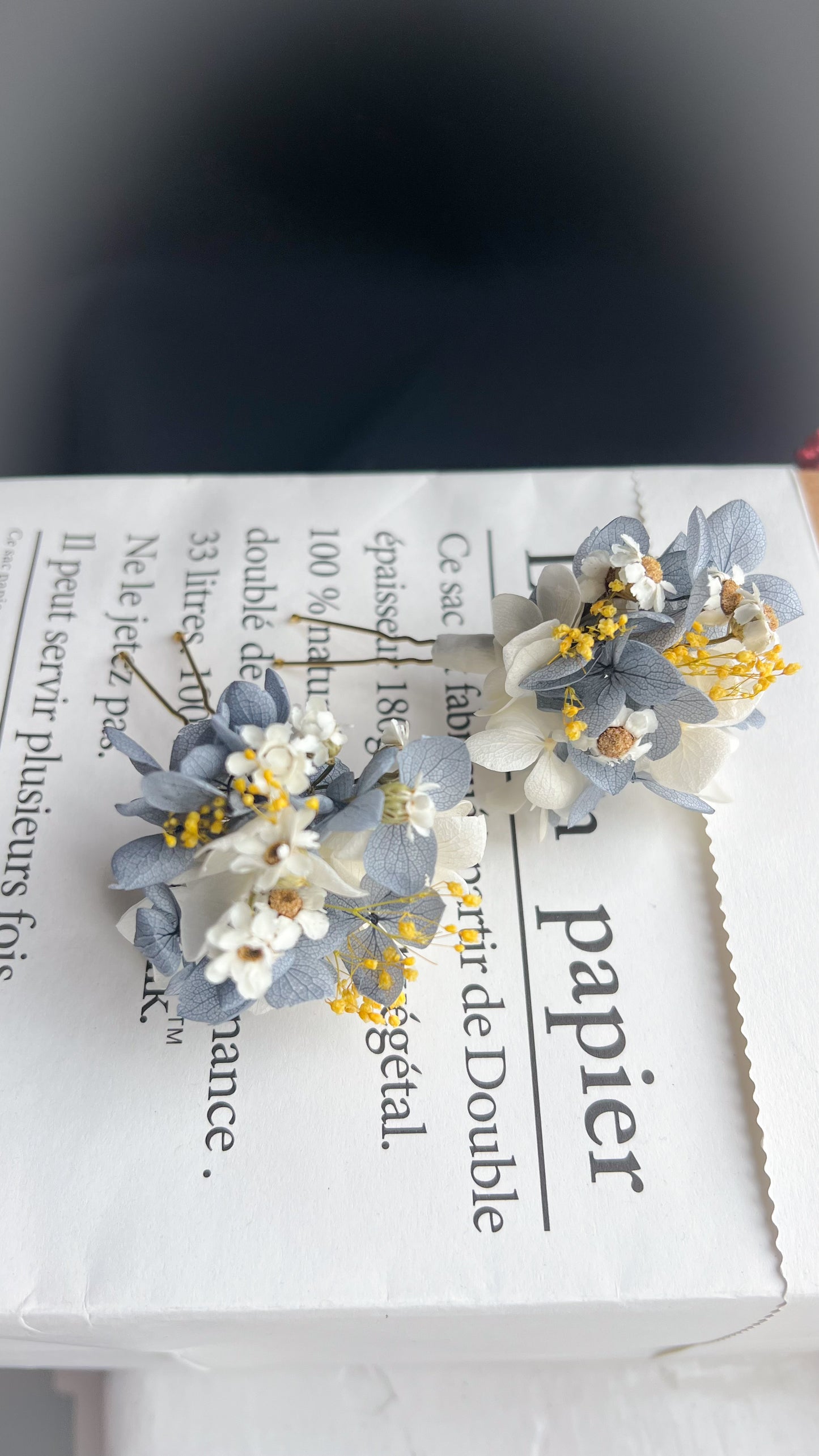 Dusty Blue Wedding, Hydrangea Hair Pins with Yellow Gypsophila and Dried Daisies
