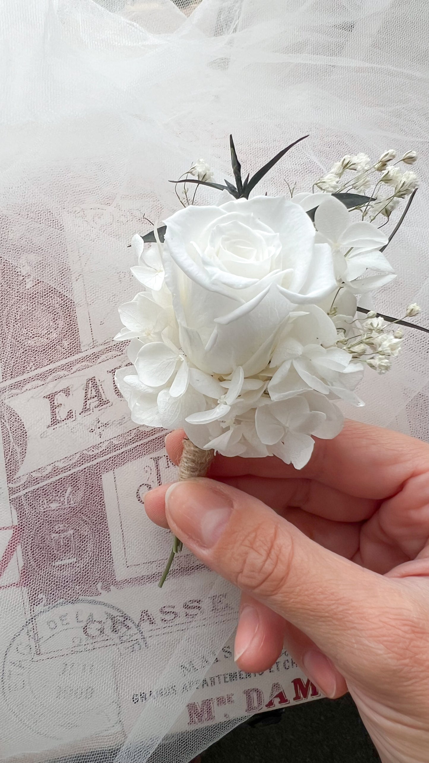 White Rose Boutonniere, Floral Corsage Buttonhole with Eucalyptus and Hydrangea, Grooms Buttonhole Wedding Accessories