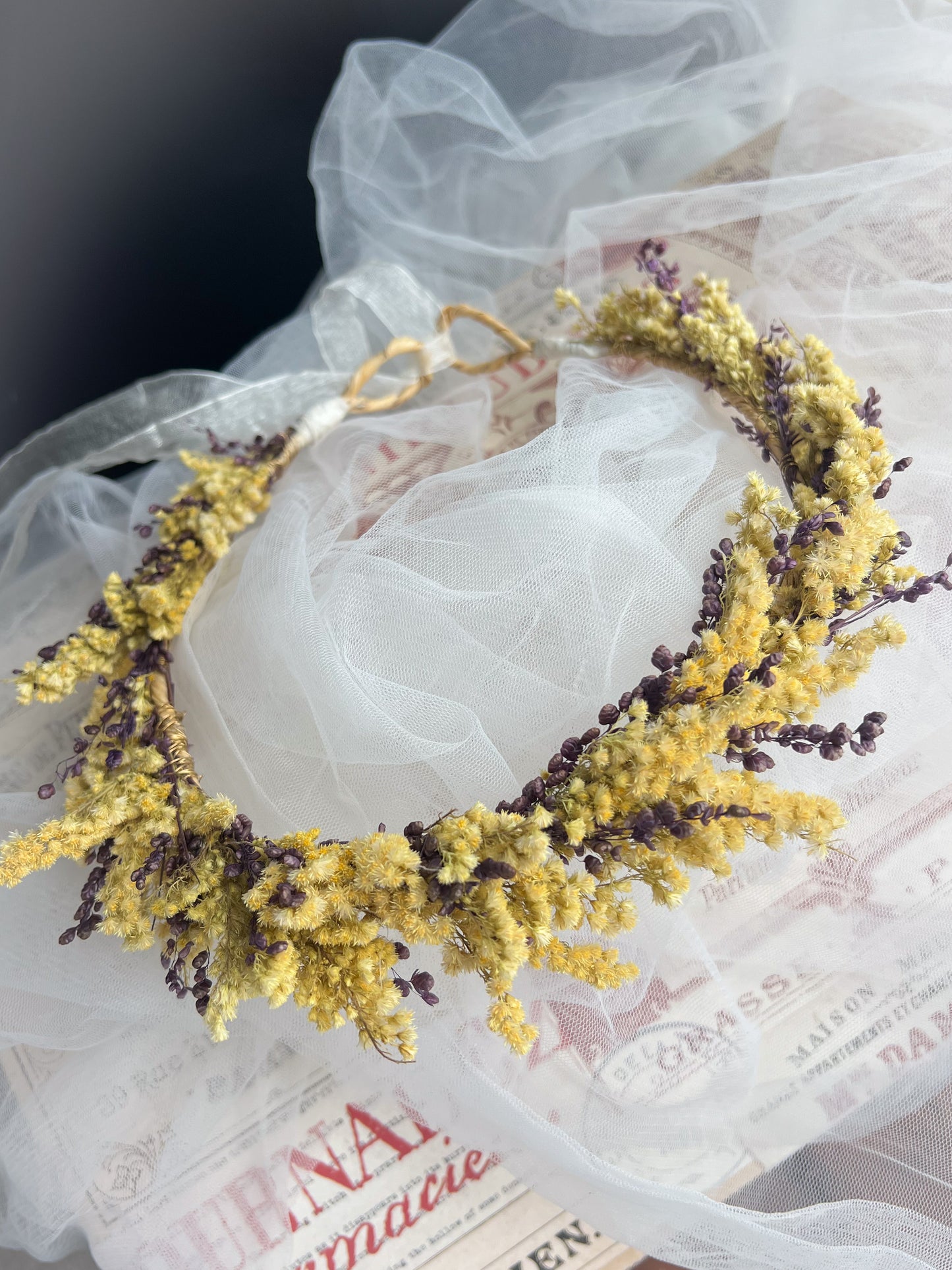 Yellow Dried Flower Crown Wildflower Headpiece for Wedding Adult and Girls