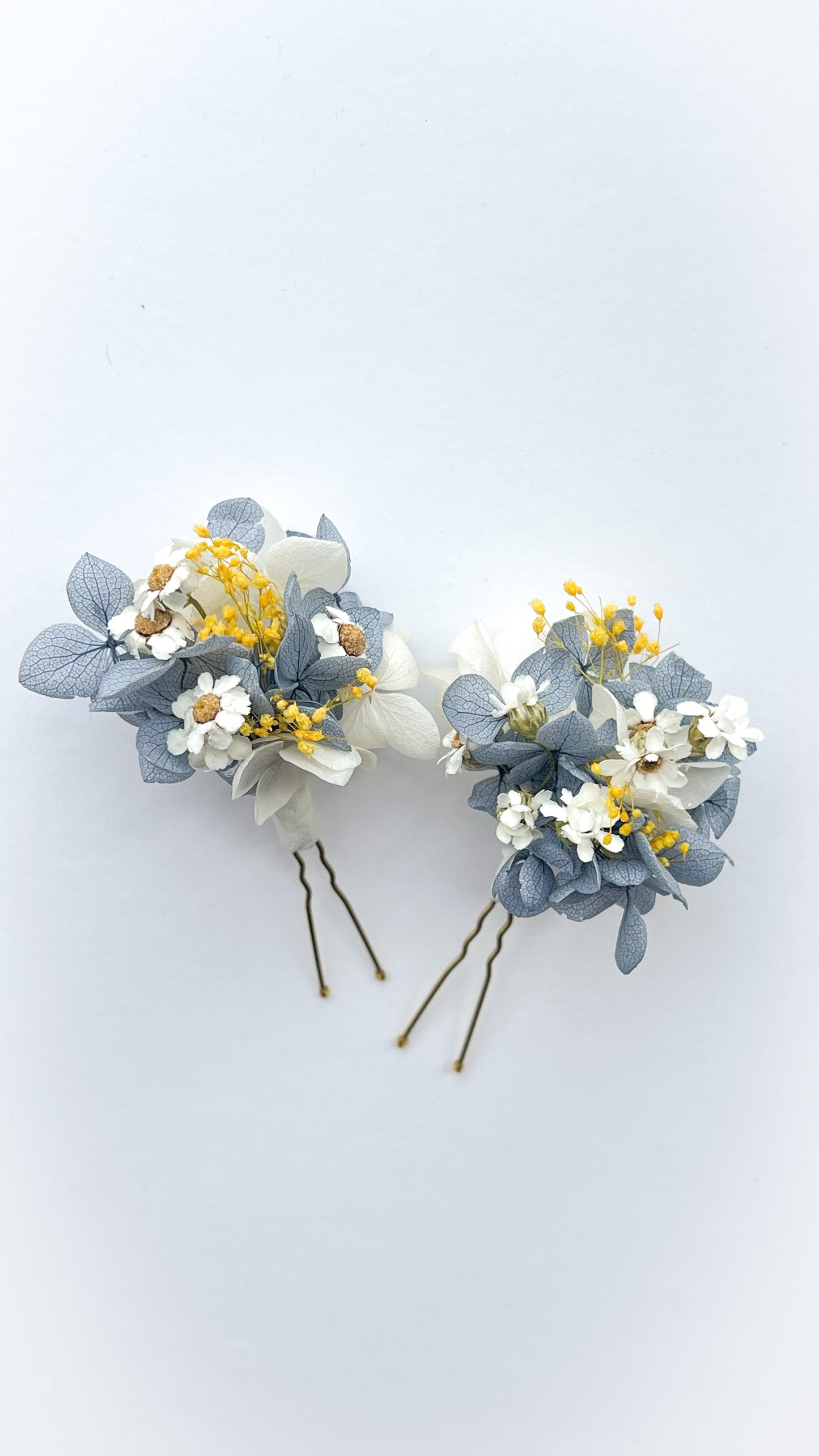 Dusty Blue Wedding, Hydrangea Hair Pins with Yellow Gypsophila and Dried Daisies