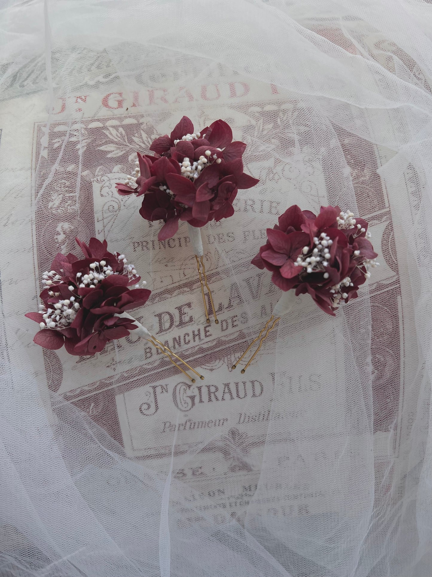 Burgundy Floral Headpiece, Hydrangea and Gypsophila Hair Pin Set of 3 for Wedding, Bridal Hair Accessories