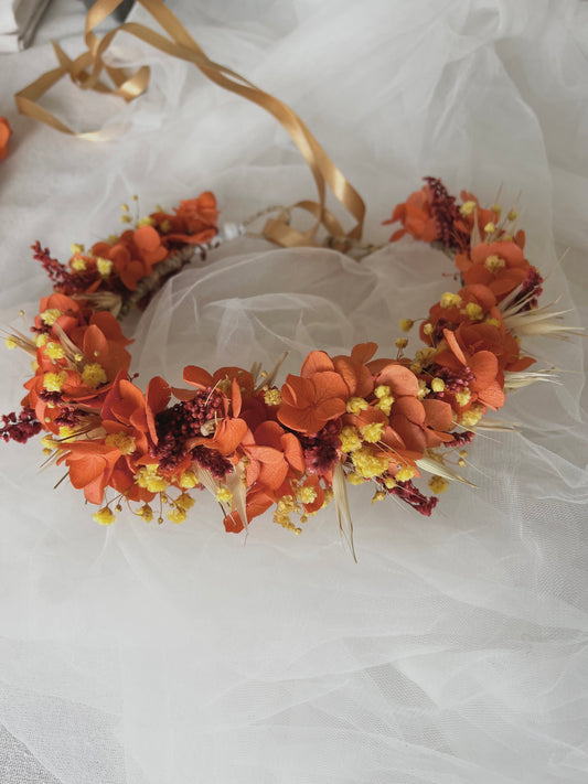 Orange Dried Flower Crown, Autumnal Floral Headband, Bright Colourful Floral Hair Wreath For Wedding