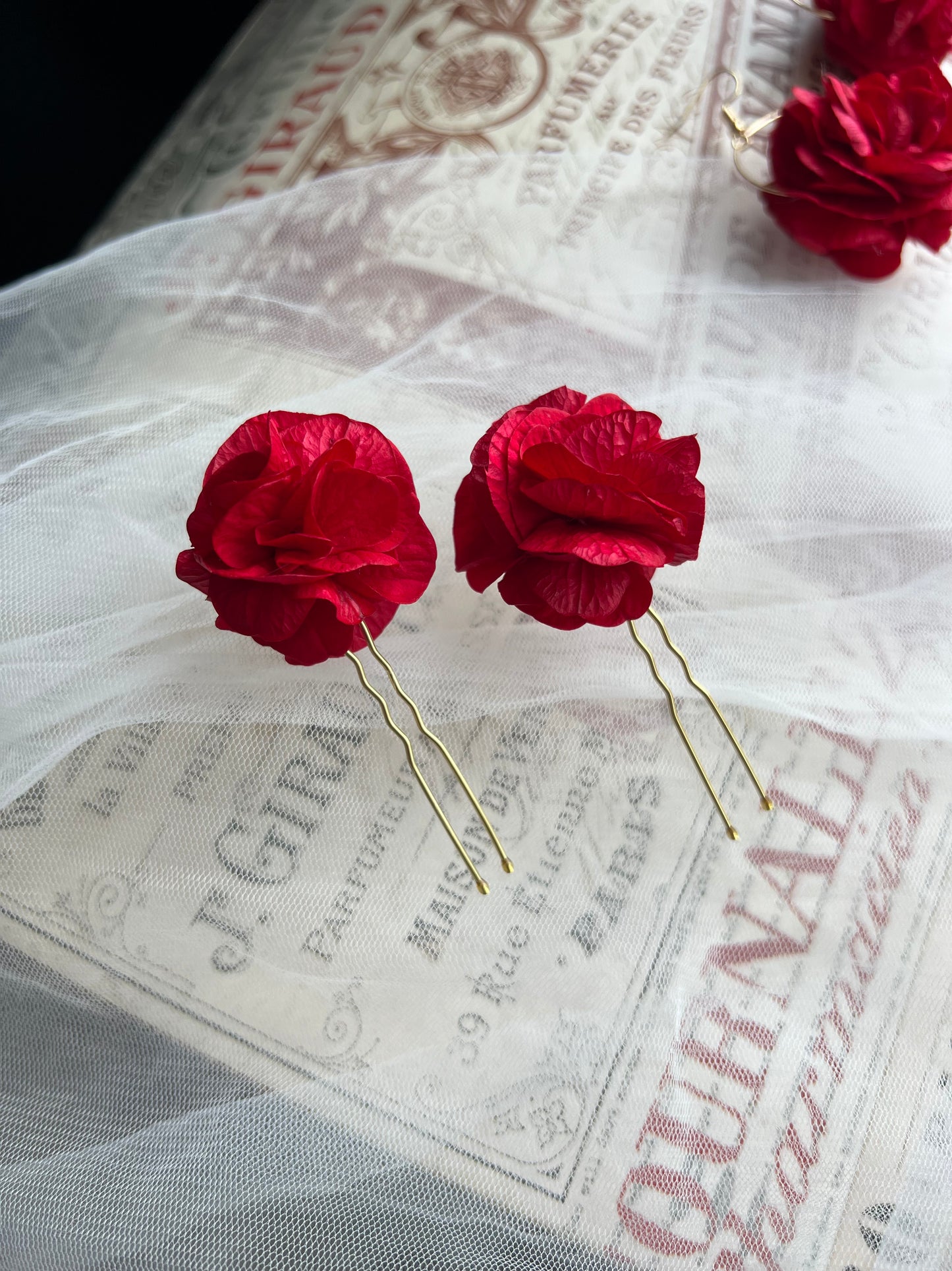 Bright Red Floral Hair Pins for Wedding Hair Bun, Vibrant Red Bobby Pin Set of 2