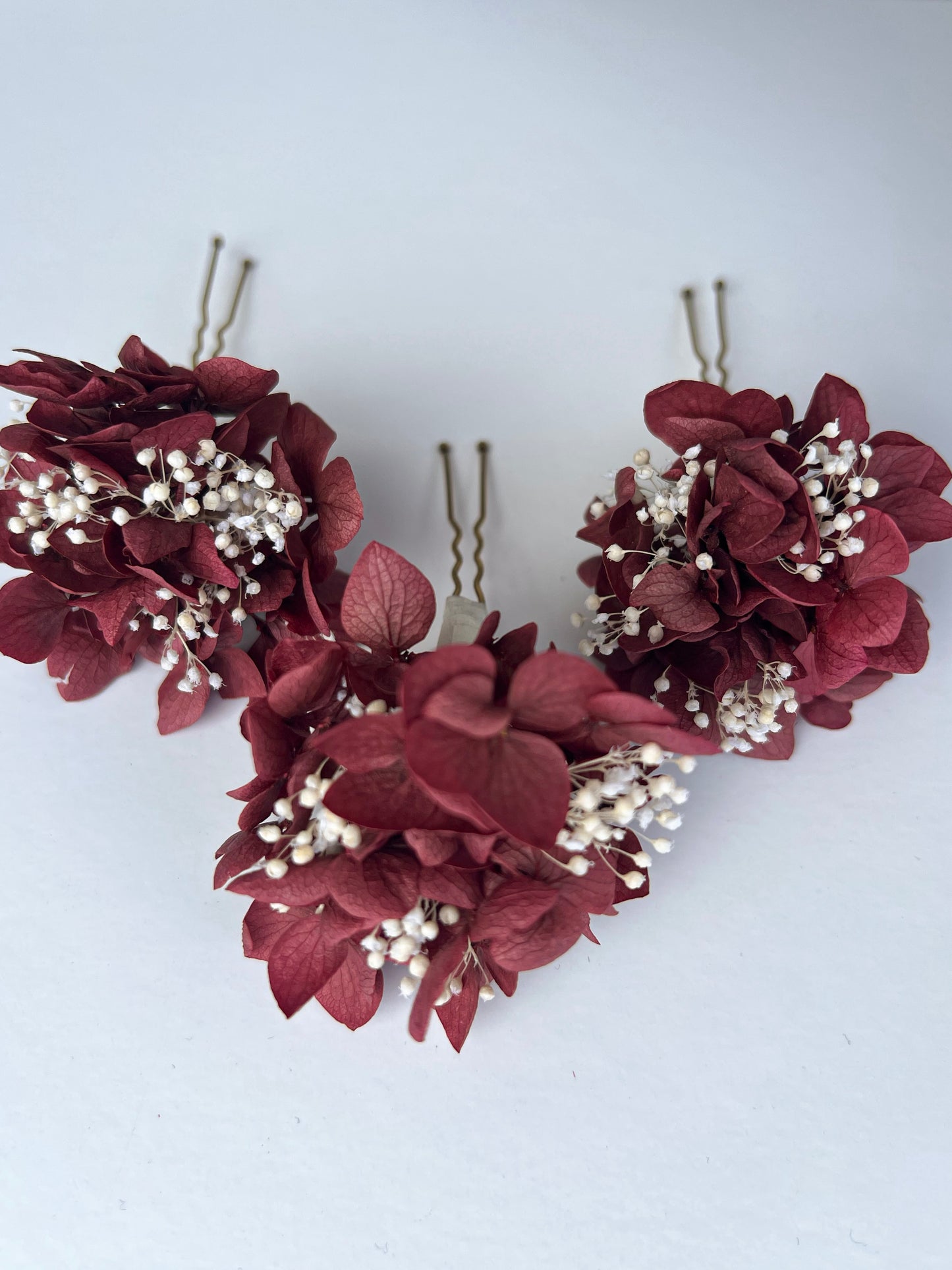 Burgundy Floral Headpiece, Hydrangea and Gypsophila Hair Pin Set of 3 for Wedding, Bridal Hair Accessories