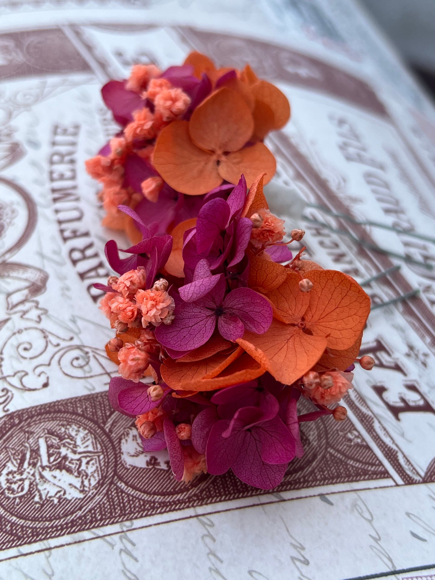Orange and Fuchsia Floral Hair Pins for Wedding Guests, Bridal Headpiece with Preserved Hydrangeas and Gypsophilas