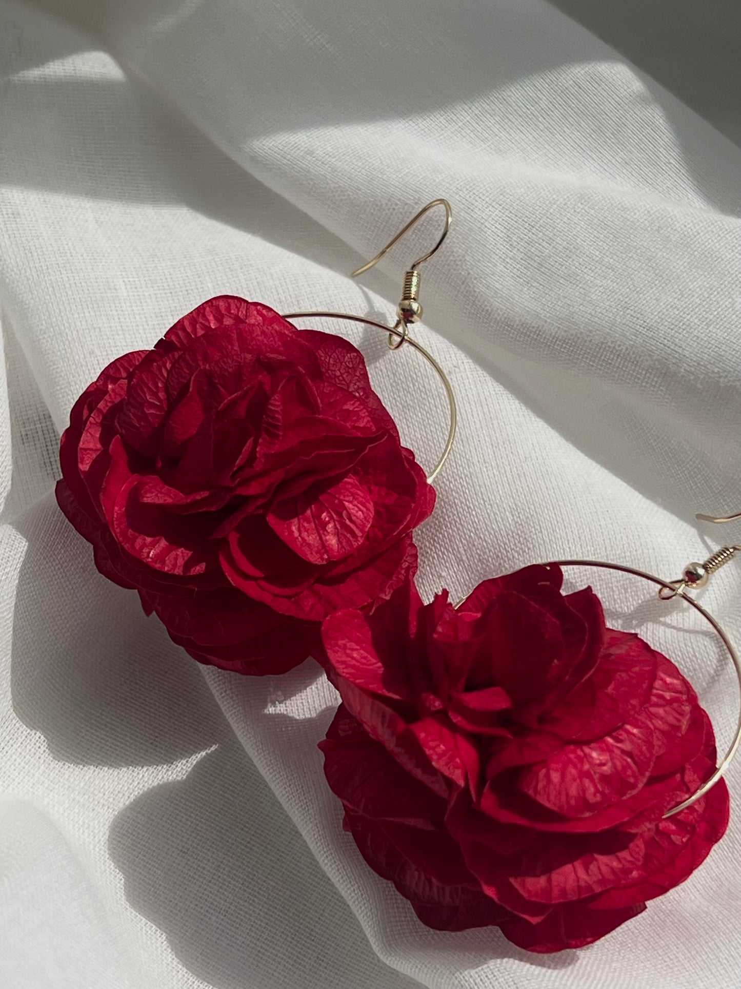 Bright Red Floral Earrings, Hydrangea Earrings with Gold Hoops, Dried Flower Jewellery