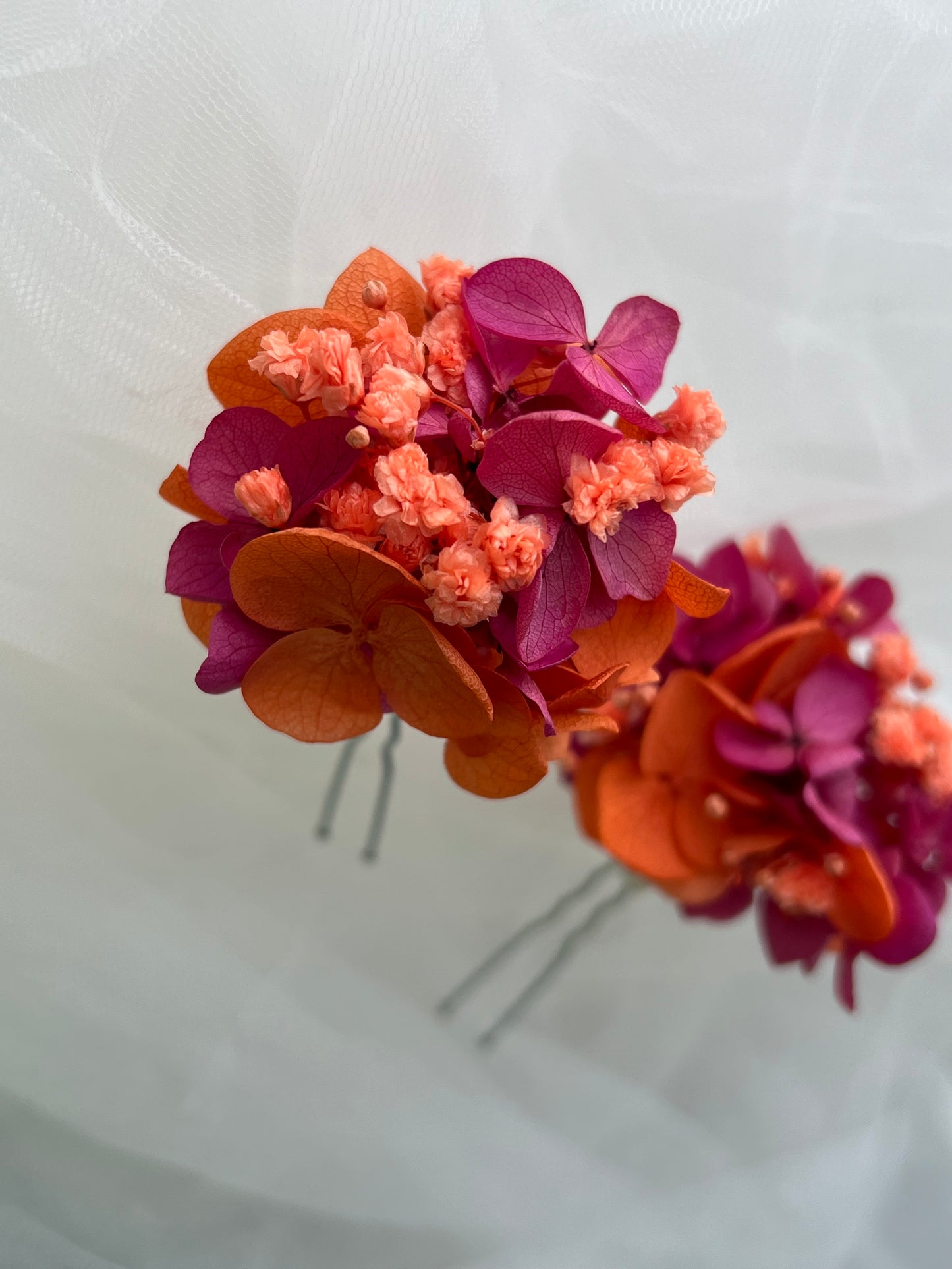Orange and Fuchsia Floral Hair Pins for Wedding Guests, Bridal Headpiece with Preserved Hydrangeas and Gypsophilas