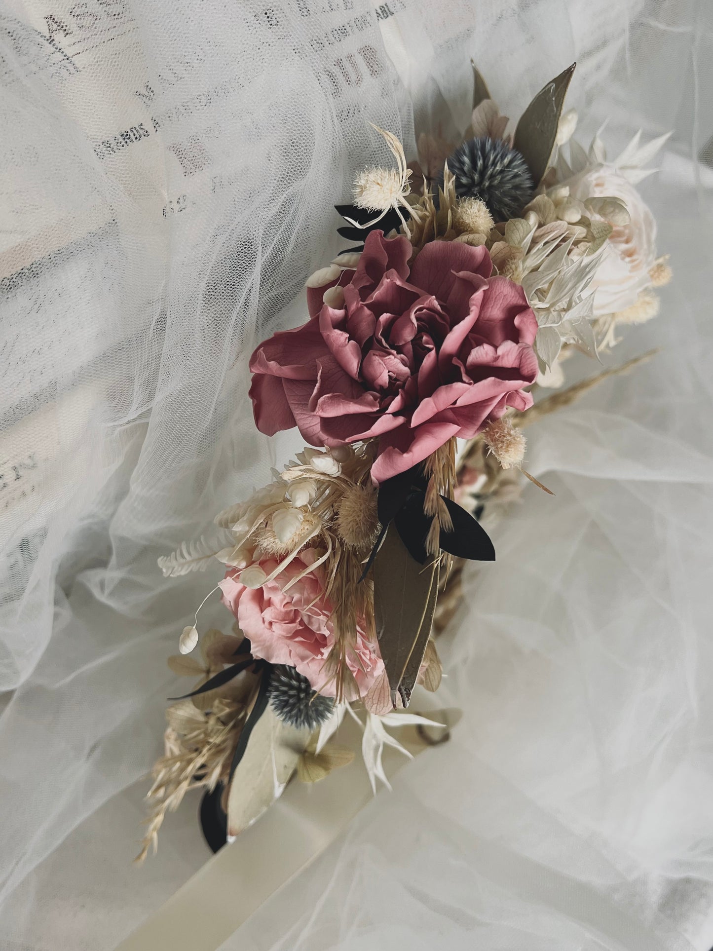 Boho Statement Dried Flower Headpiece, Autumnal Soft Pastel Floral Crown for Wedding, Bridal Hair Wreath, Large Floral Headband for Brides