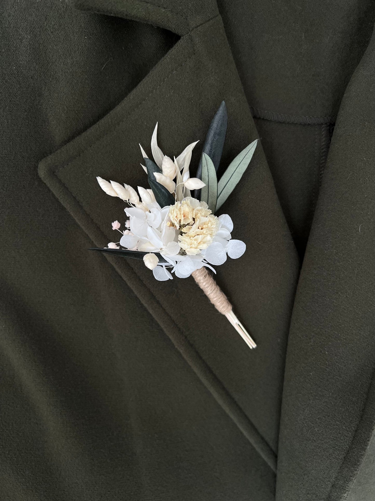 Preserved Olive Leaf Boutonniere, Ivory Green Dried Flower Buttonhole for Groom, Rustic Boho Wedding Corsage Flowers