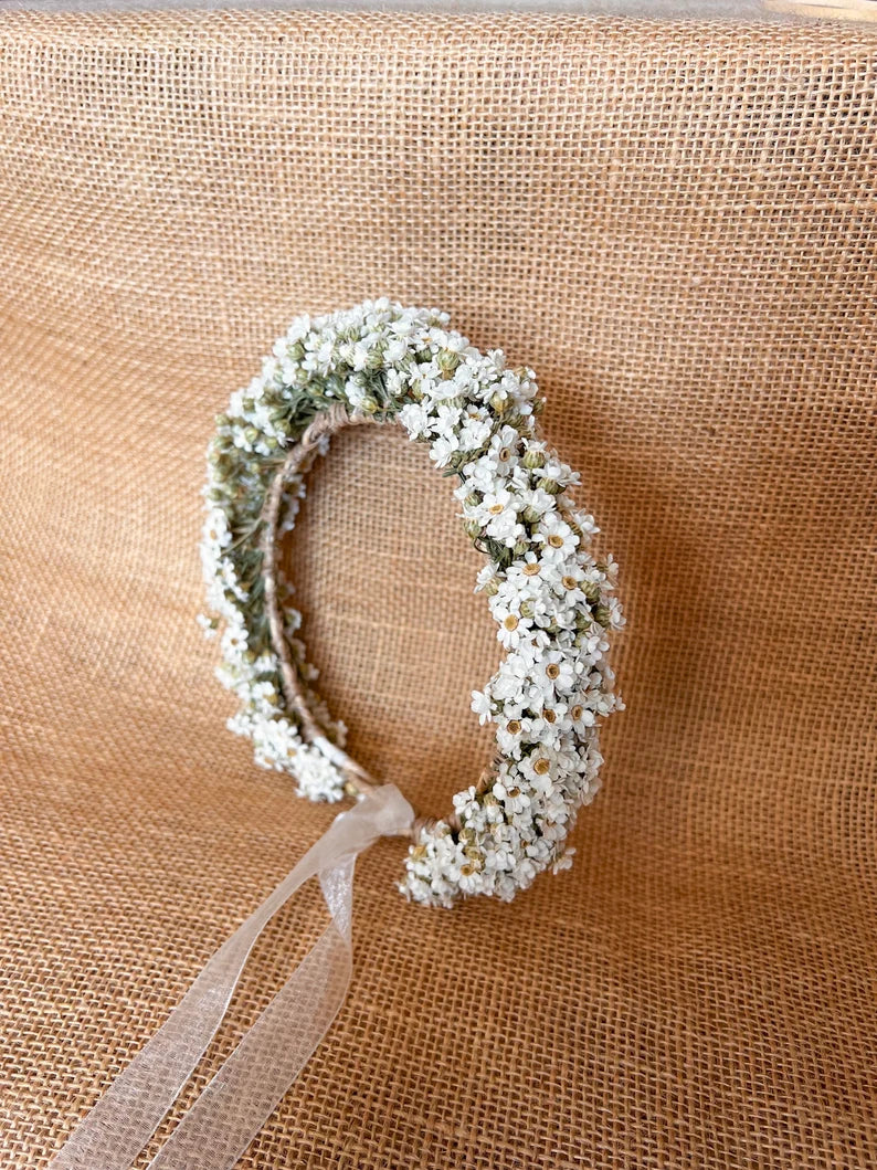 PRE- ORDER Dried Daisy Headband, White Daisy Floral Tiara, Dried Mini Daisy Flower Crown, Dried Flower Crown