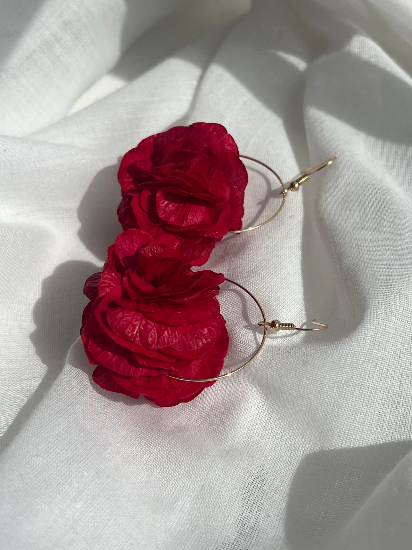 Bright Red Floral Earrings, Hydrangea Earrings with Gold Hoops, Dried Flower Jewellery