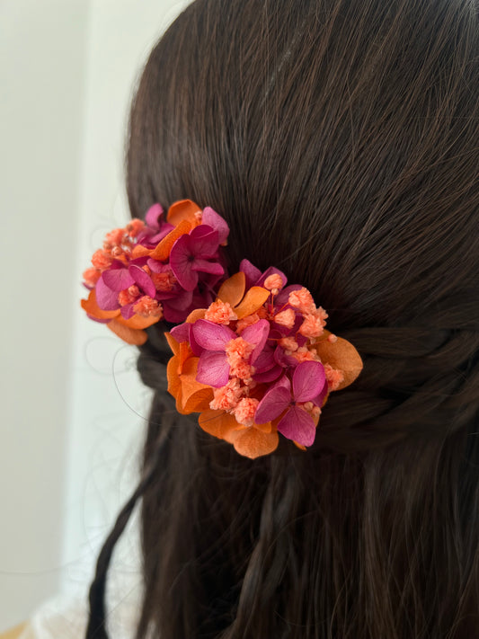 Orange and Fuchsia Floral Hair Pins for Wedding Guests, Bridal Headpiece with Preserved Hydrangeas and Gypsophilas