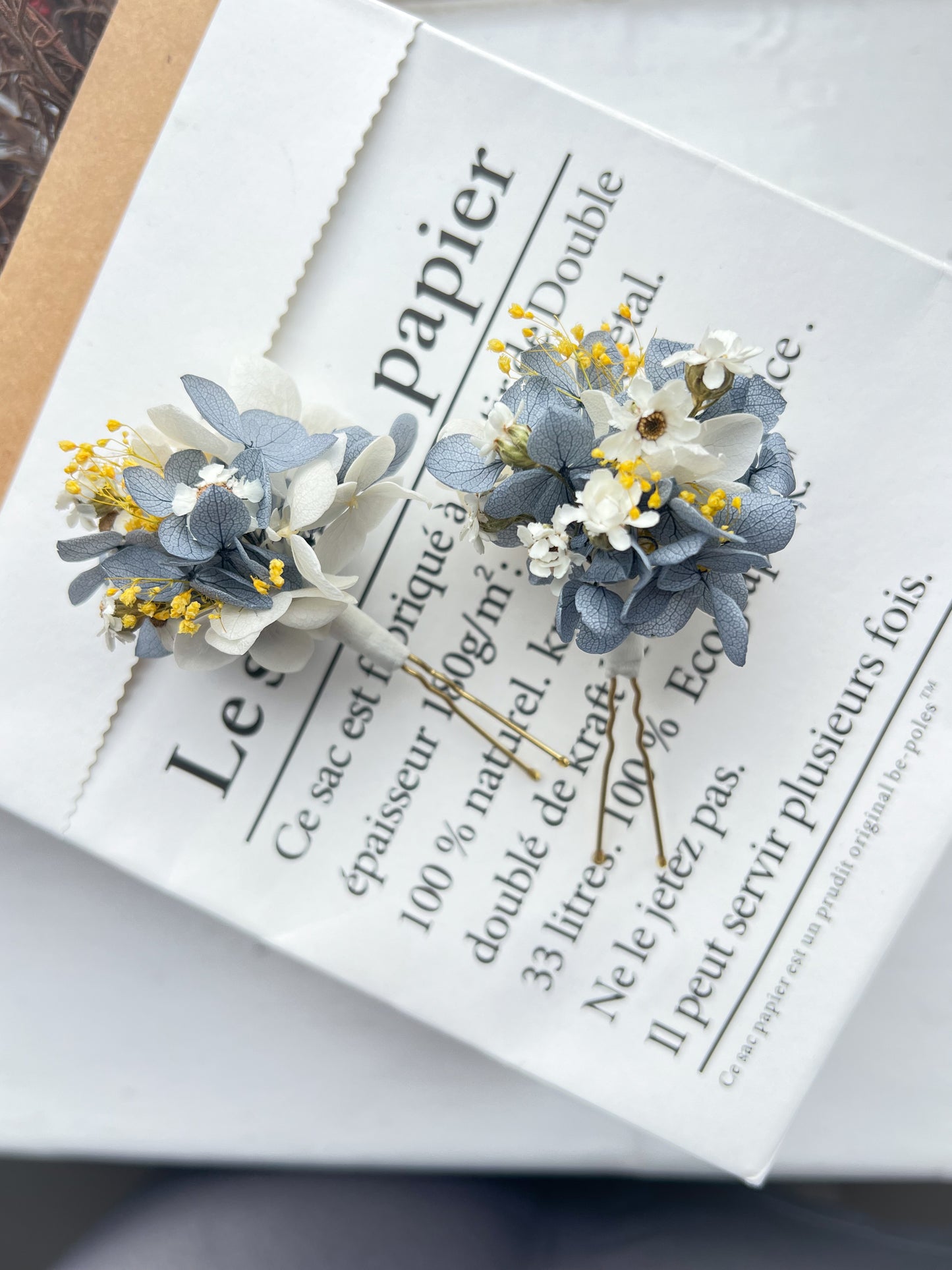 Dusty Blue Wedding, Hydrangea Hair Pins with Yellow Gypsophila and Dried Daisies