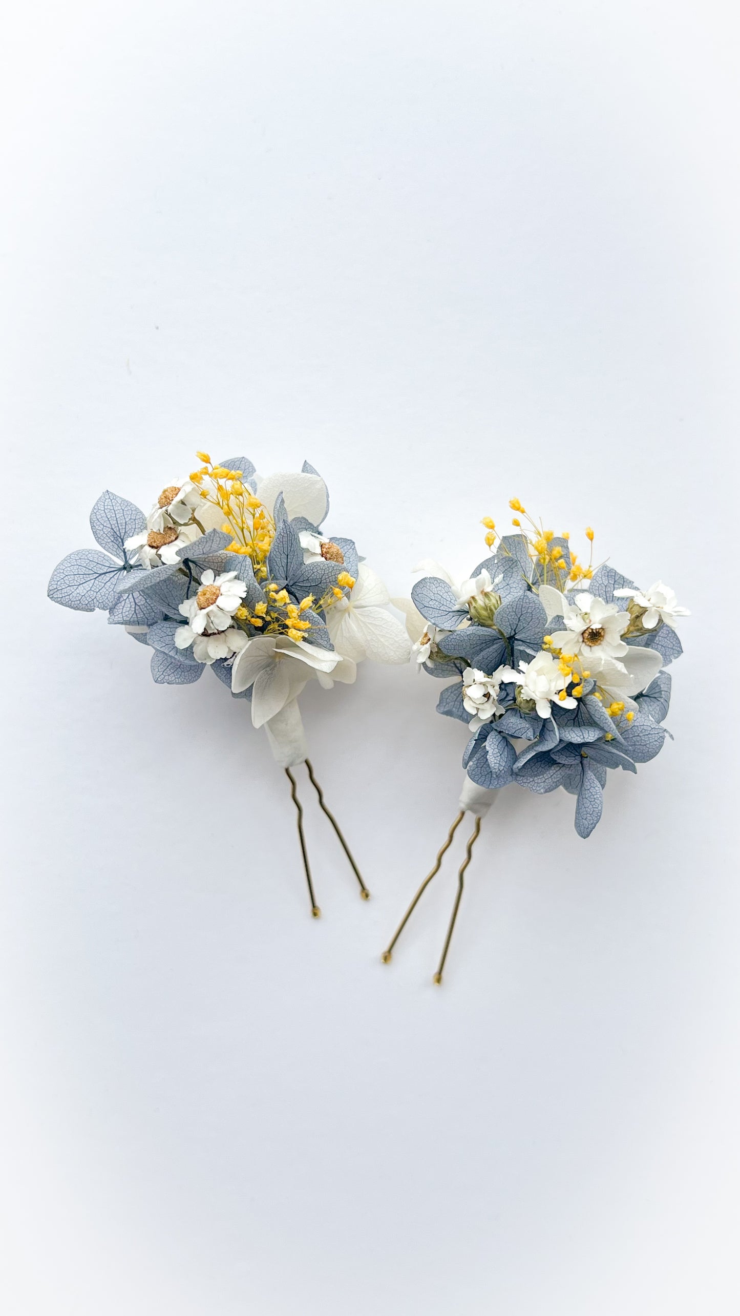Dusty Blue Wedding, Hydrangea Hair Pins with Yellow Gypsophila and Dried Daisies