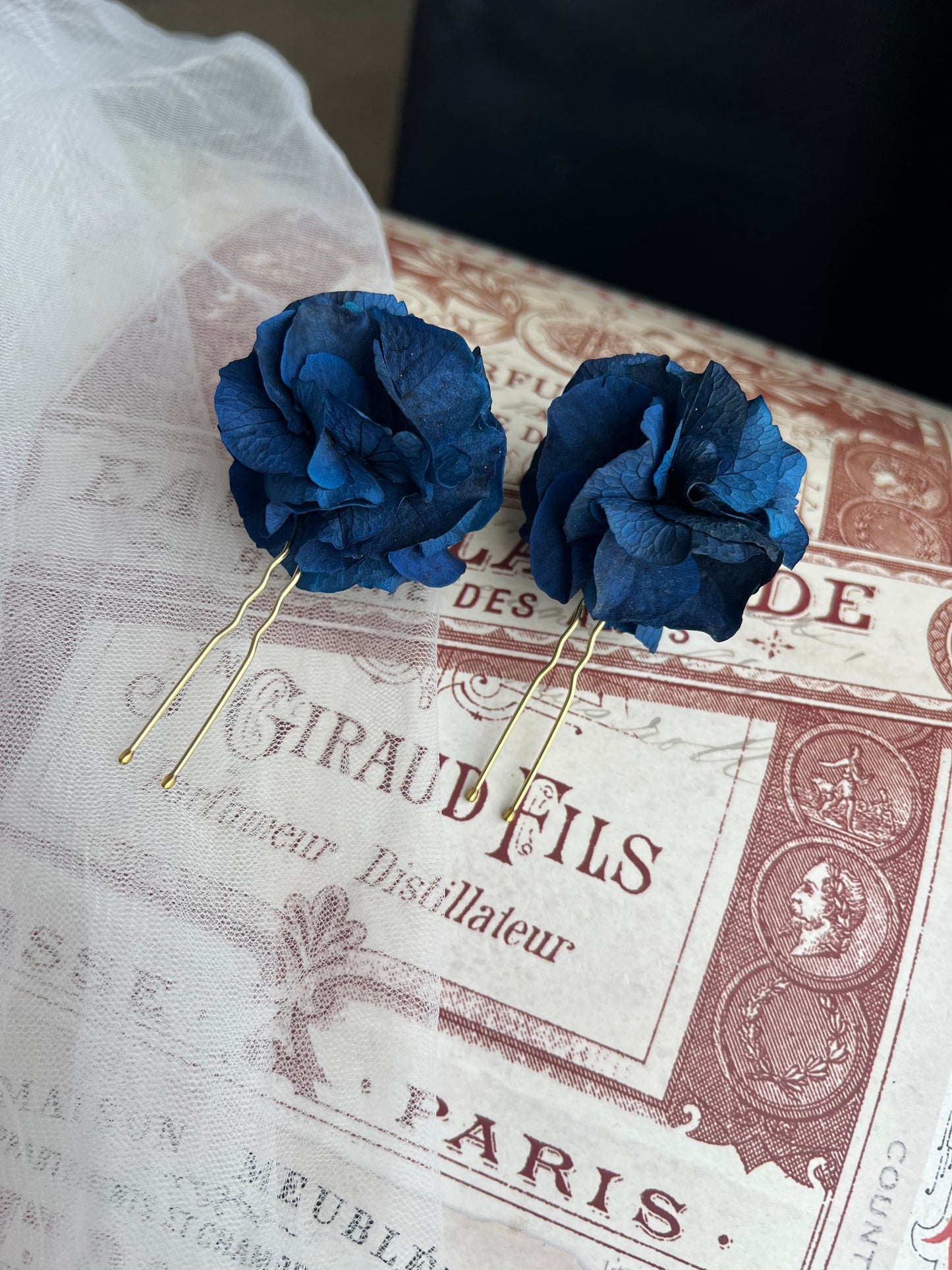 Sapphire Navy Blue Floral Hair Pins with Hydrangeas