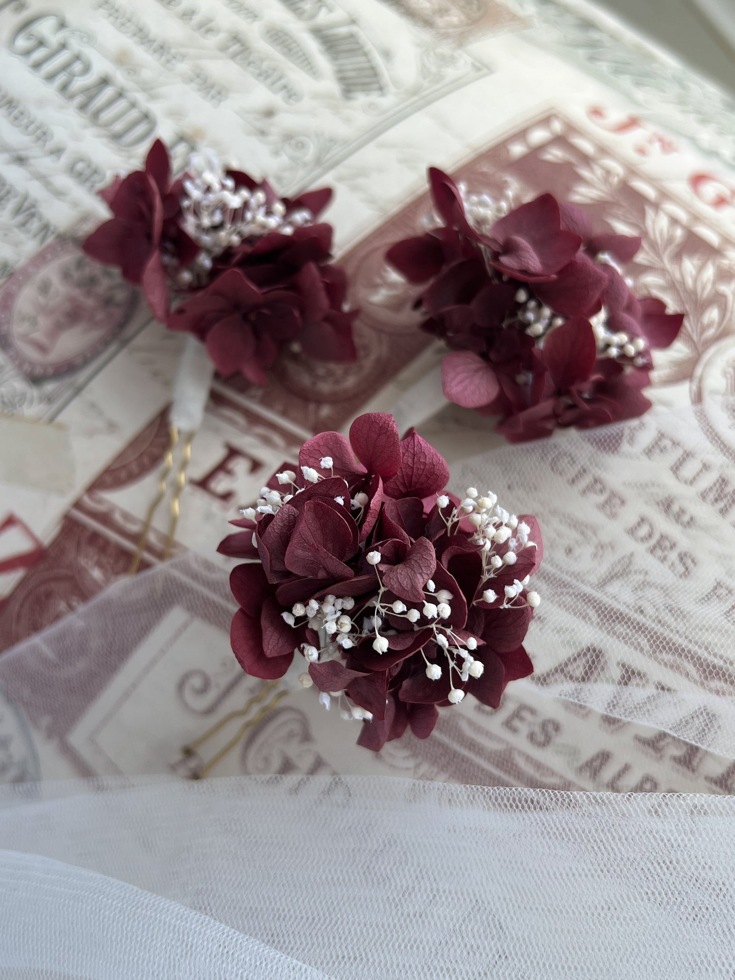 Burgundy Floral Headpiece, Hydrangea and Gypsophila Hair Pin Set of 3 for Wedding, Bridal Hair Accessories