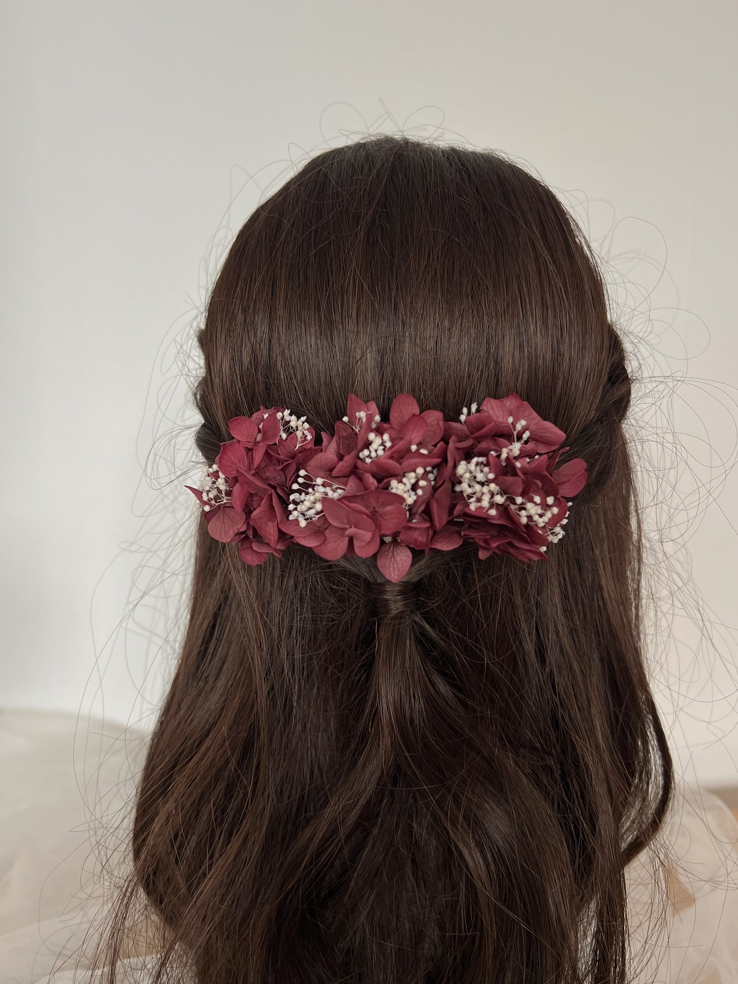 Burgundy Floral Headpiece, Hydrangea and Gypsophila Hair Pin Set of 3 for Wedding, Bridal Hair Accessories