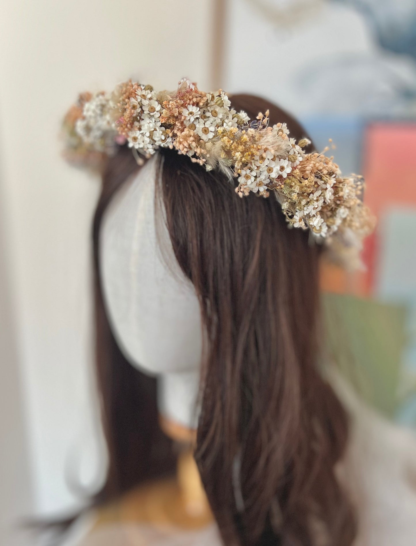 Dried Flower Crown for Wedding, Boho Bridal Headband, Pastel Flower Headpiece with Daisies