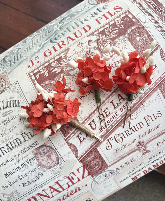 Coral Orange Dried Flower Hair Pins and Boutonniere with Preserved Hydrangeas