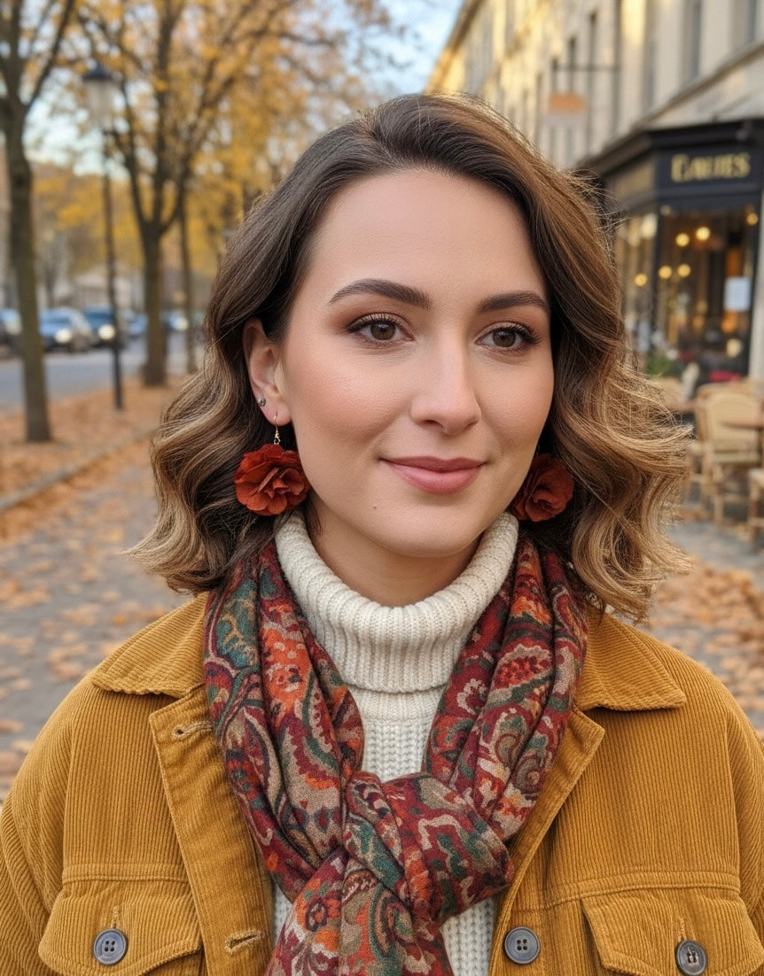 Autumnal Terracotta Orange Earrings, Burnt Orange Floral Headpiece Dried Flower Comb for Wedding