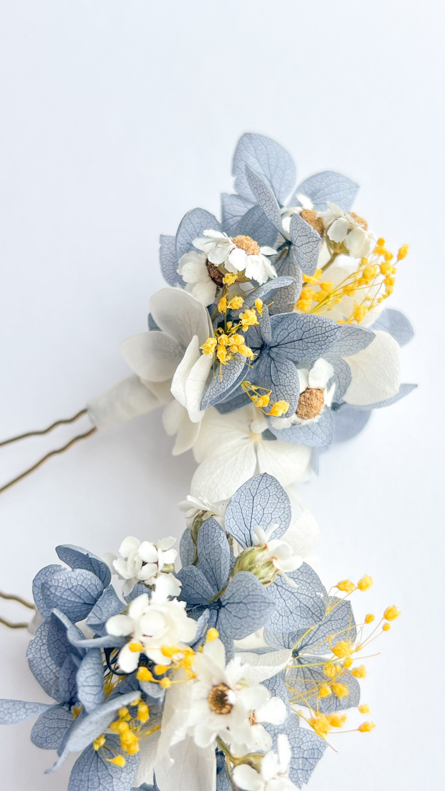 Dusty Blue Wedding, Hydrangea Hair Pins with Yellow Gypsophila and Dried Daisies