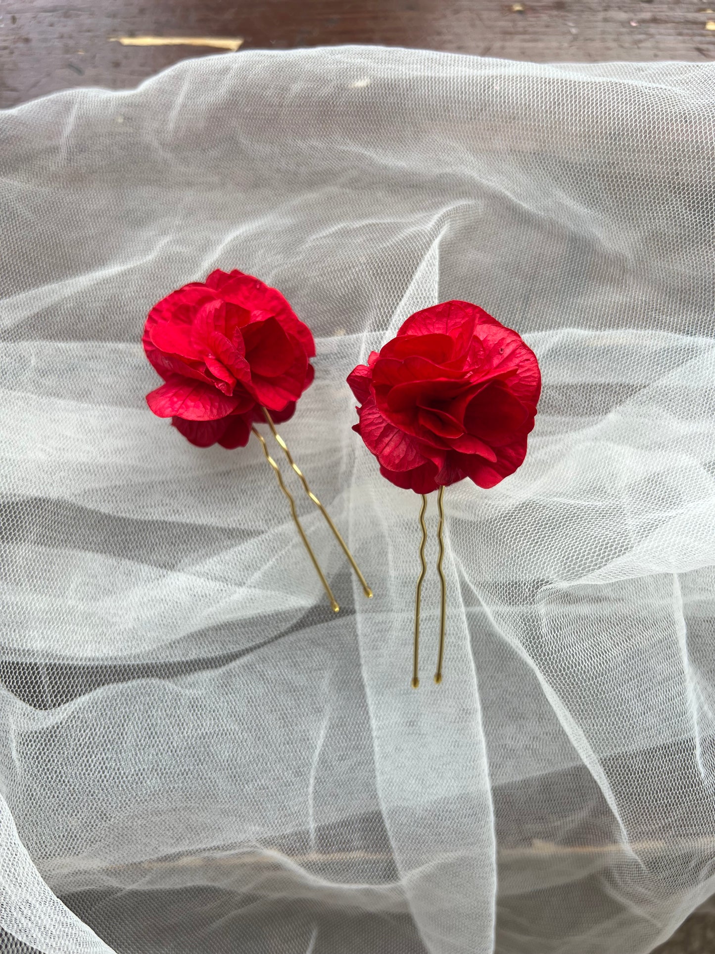 Bright Red Floral Hair Pins for Wedding Hair Bun, Vibrant Red Bobby Pin Set of 2