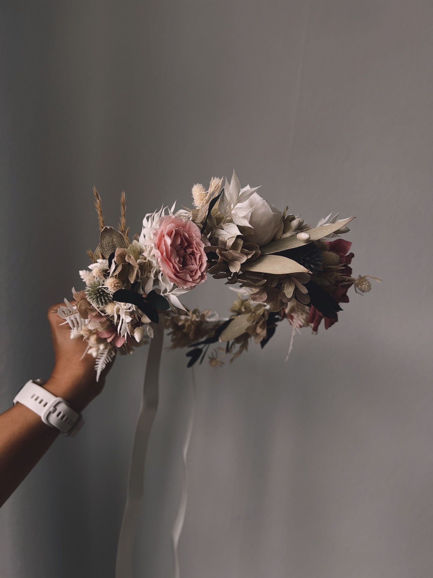 Boho Statement Dried Flower Headpiece, Autumnal Soft Pastel Floral Crown for Wedding, Bridal Hair Wreath, Large Floral Headband for Brides