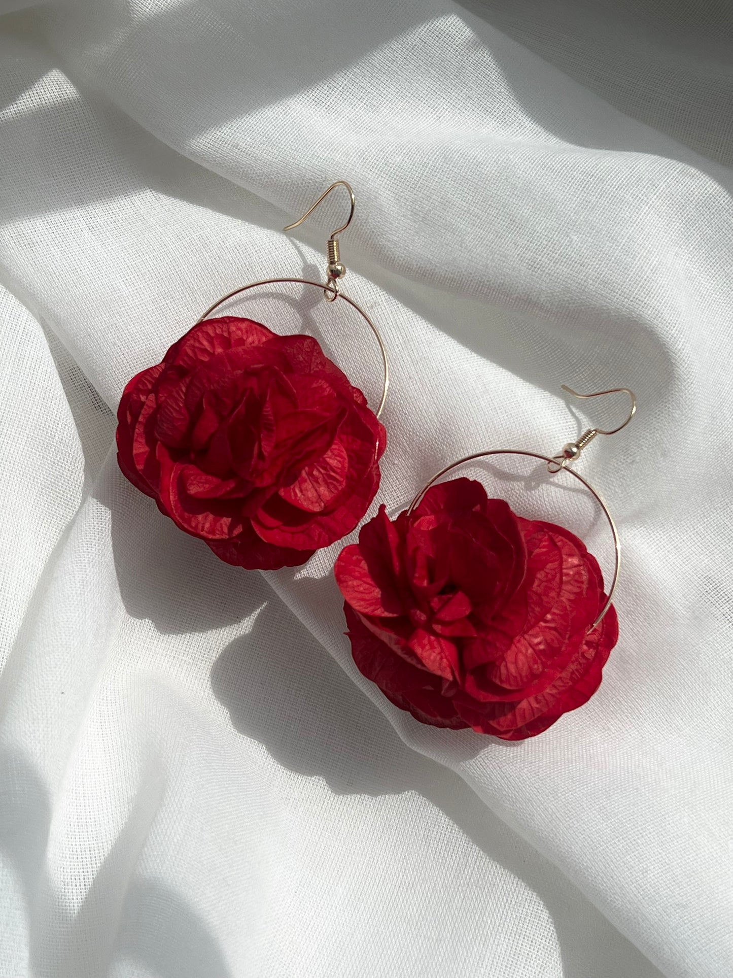 Bright Red Floral Earrings, Hydrangea Earrings with Gold Hoops, Dried Flower Jewellery