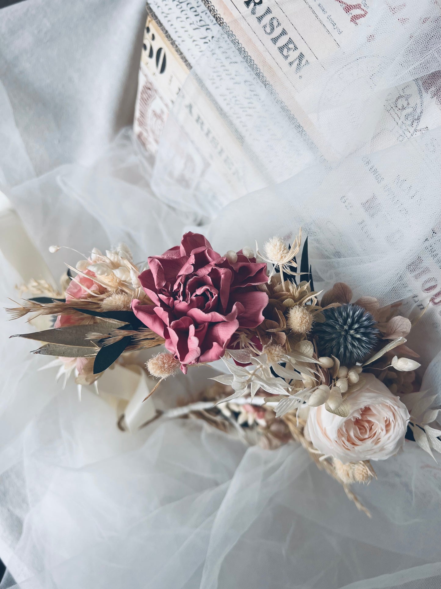 Boho Statement Dried Flower Headpiece, Autumnal Soft Pastel Floral Crown for Wedding, Bridal Hair Wreath, Large Floral Headband for Brides
