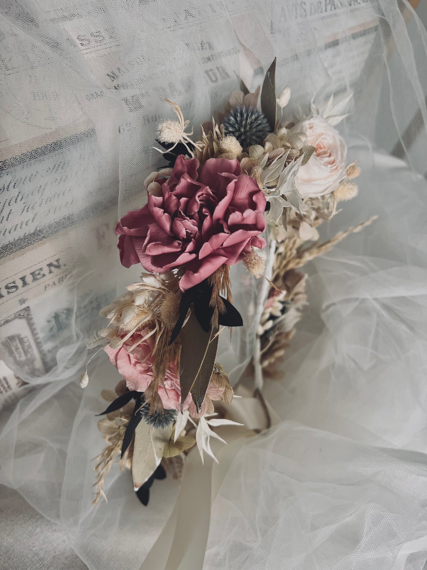 Boho Statement Dried Flower Headpiece, Autumnal Soft Pastel Floral Crown for Wedding, Bridal Hair Wreath, Large Floral Headband for Brides