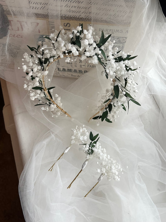 Preserved Baby’s Breath Flower Crown & Gypsophila Hair Pins Pure White Gypsophila Bridal Headpiece Dried Eucalyptus Wedding Hair Accessories