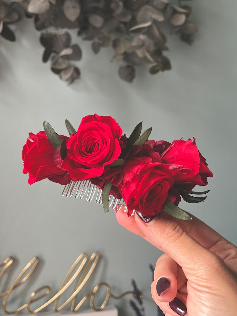 Boho White Rose And Eucalyptus Wedding Hair Comb, White and Green Olive Leaves Flower Comb, Rustic Bridal Wedding Accessories Silver Gold UK