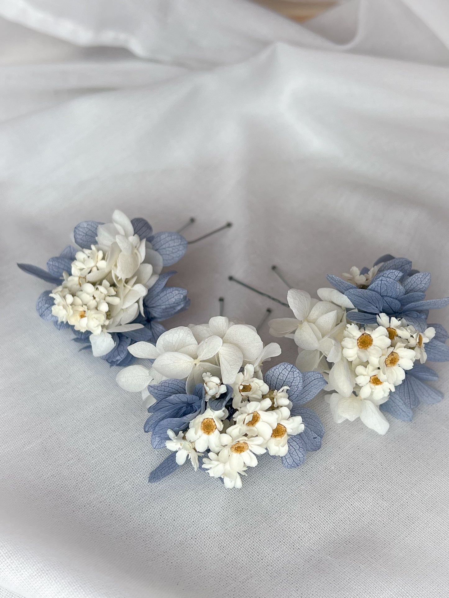 Dusty Blue Dried Daisy Hair Pins and Grooms Buttonhole Wedding set