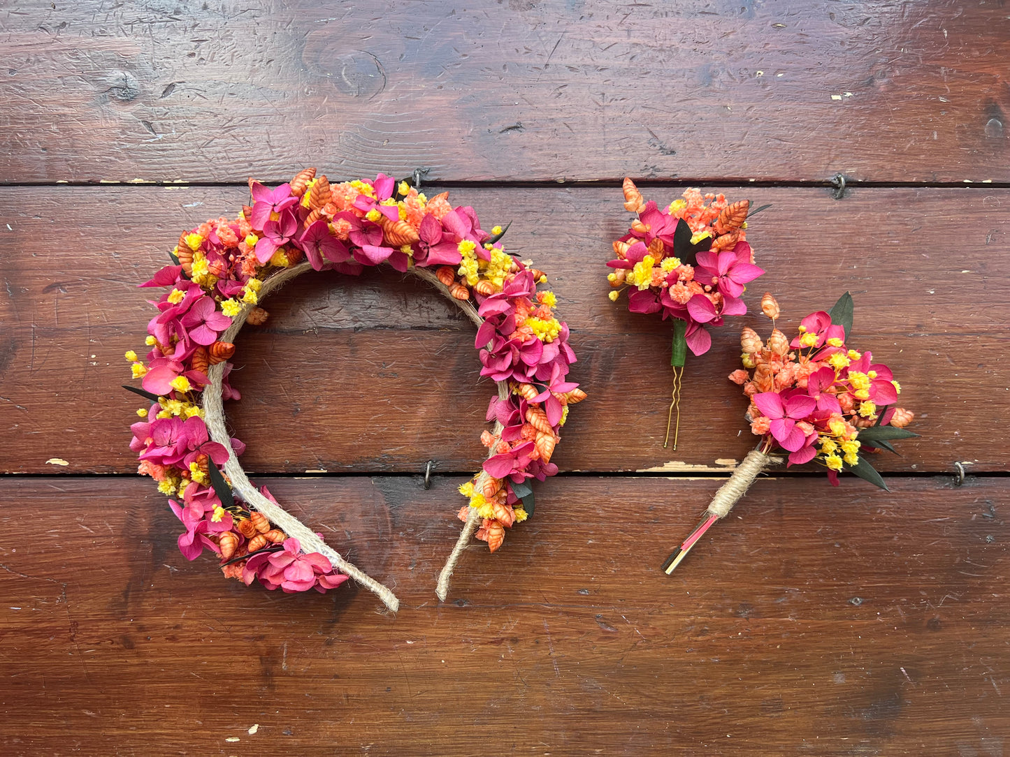 Colourful Preserved Flower Headband, Floral Crown, Hair Pin & Boutonniere Set, Summer Wedding Hair Accessories, Boho Bridal Headpiece