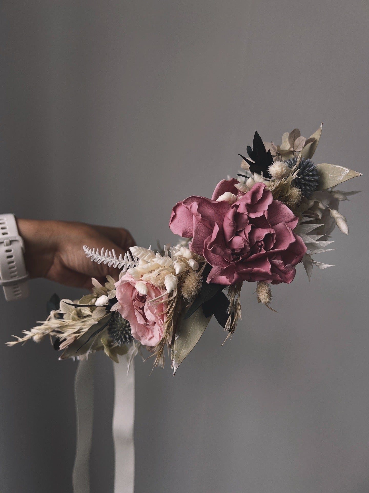 Boho Statement Dried Flower Headpiece, Autumnal Soft Pastel Floral Crown for Wedding, Bridal Hair Wreath, Large Floral Headband for Brides