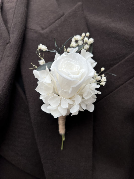 White Rose Boutonniere, Floral Corsage Buttonhole with Eucalyptus and Hydrangea, Grooms Buttonhole Wedding Accessories