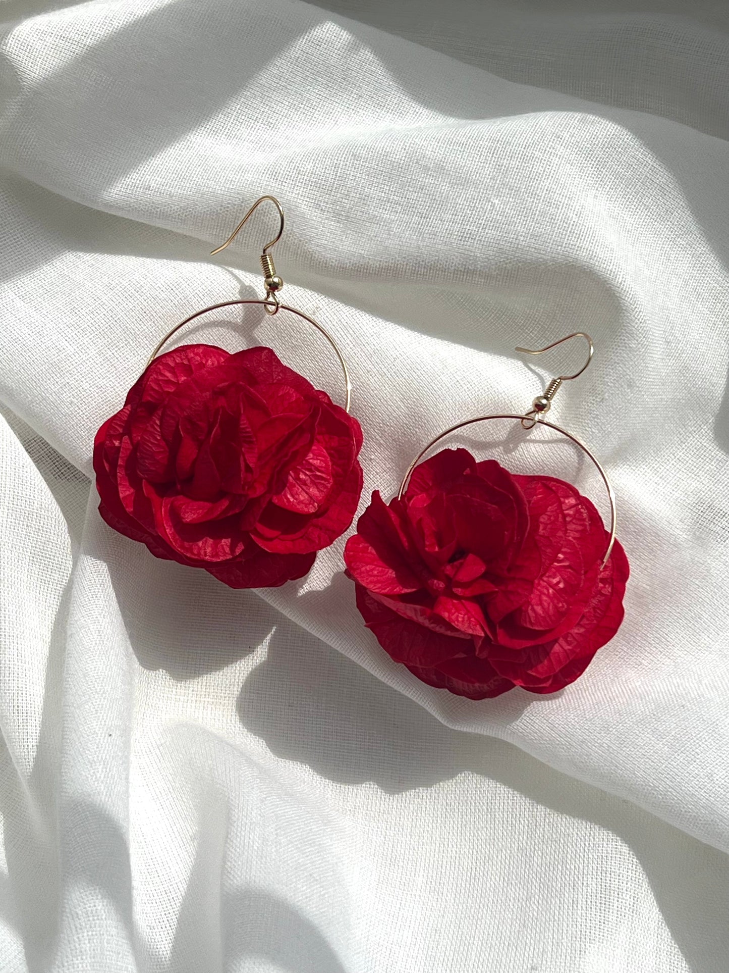 Bright Red Floral Earrings, Hydrangea Earrings with Gold Hoops, Dried Flower Jewellery