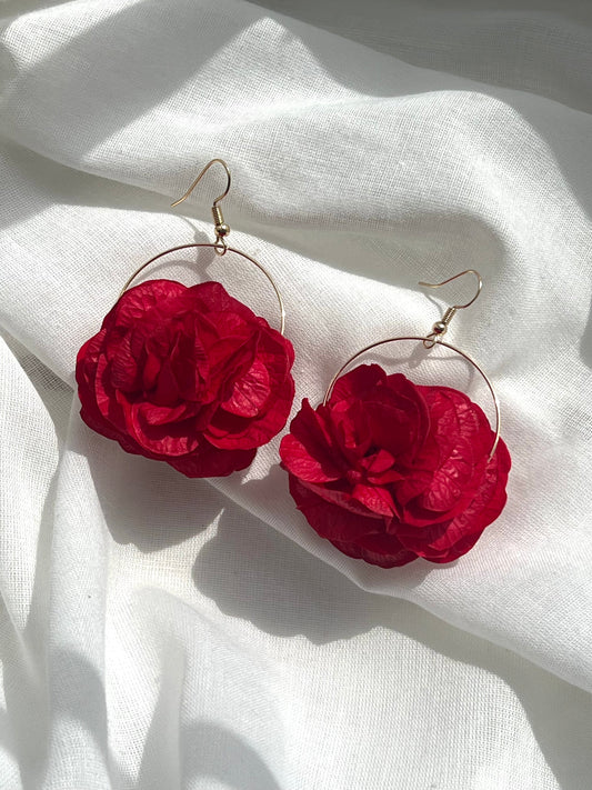 Bright Red Floral Earrings, Hydrangea Earrings with Gold Hoops, Dried Flower Jewellery