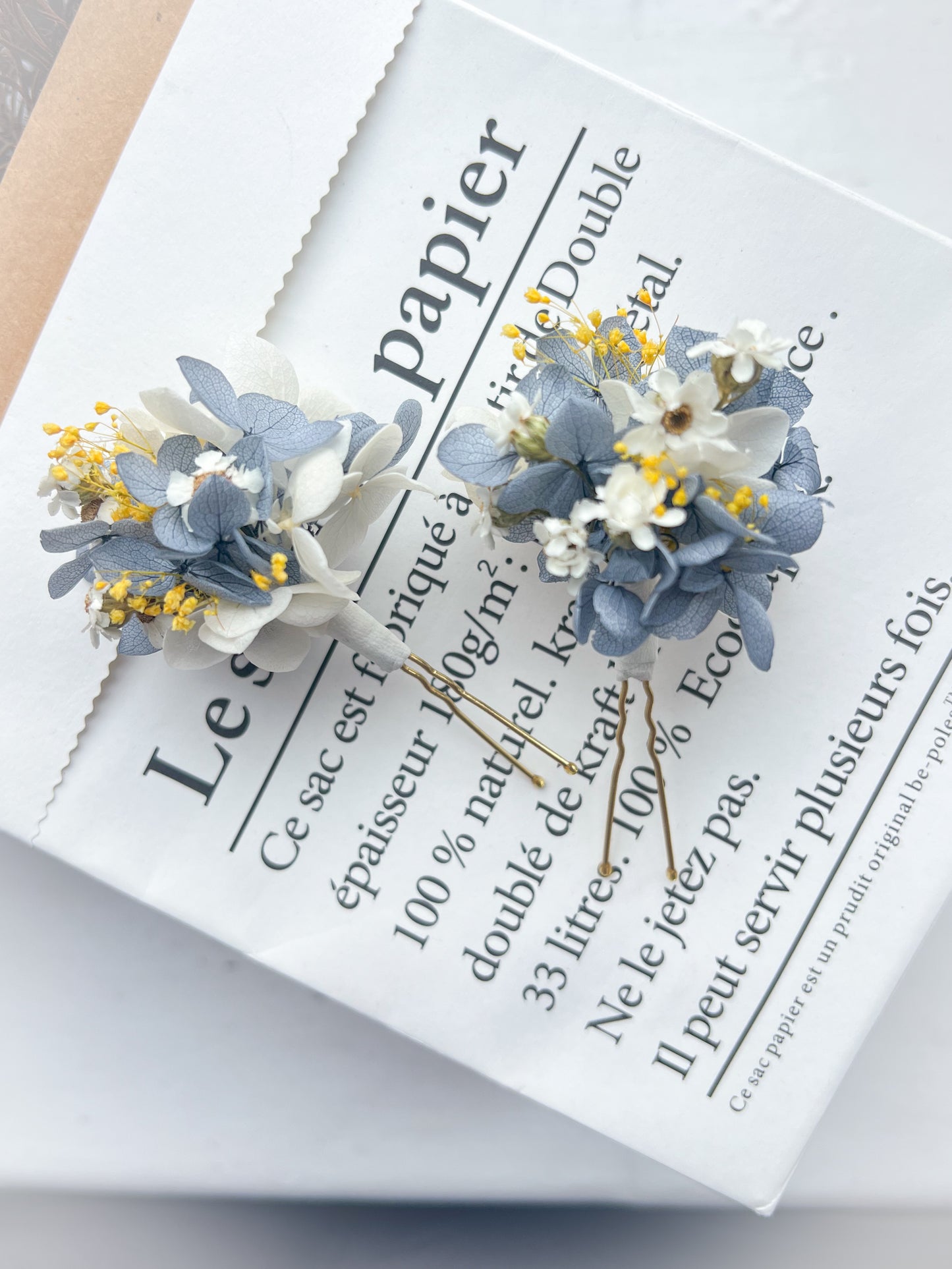 Dusty Blue Wedding, Hydrangea Hair Pins with Yellow Gypsophila and Dried Daisies