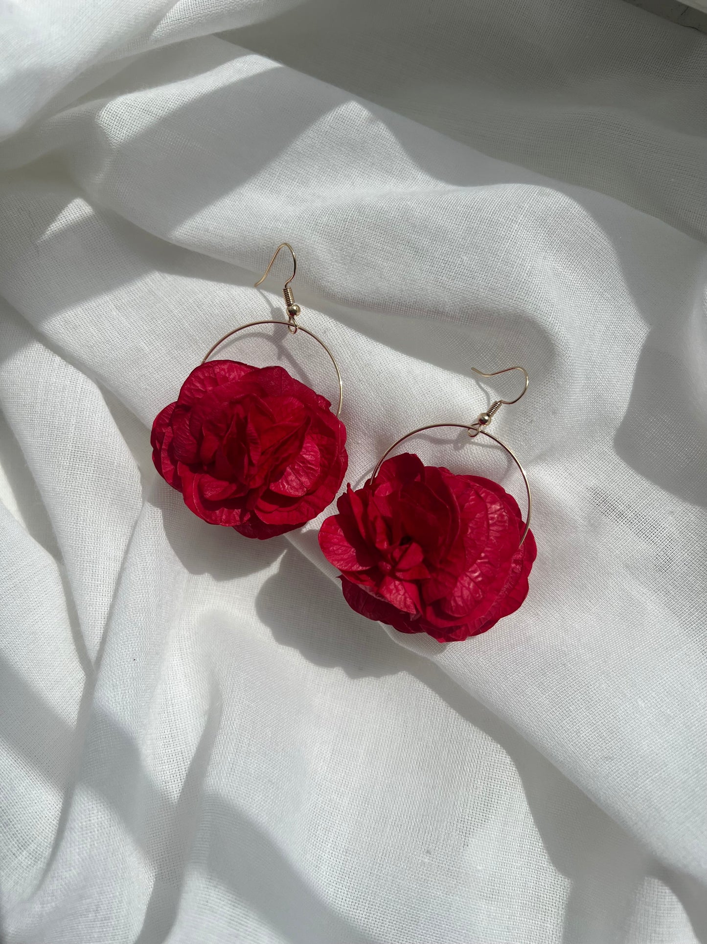 Bright Red Floral Earrings, Hydrangea Earrings with Gold Hoops, Dried Flower Jewellery