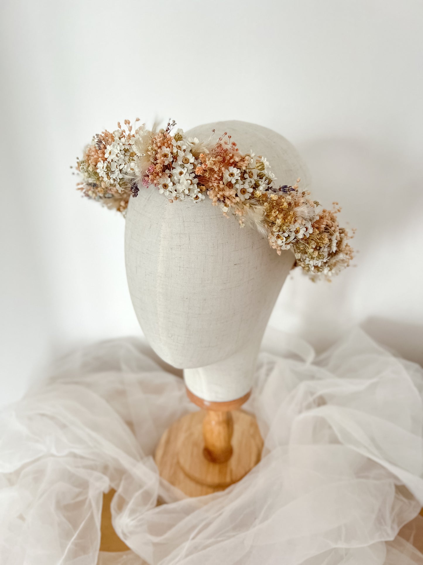 Dried Flower Crown for Wedding, Boho Bridal Headband, Pastel Flower Headpiece with Daisies
